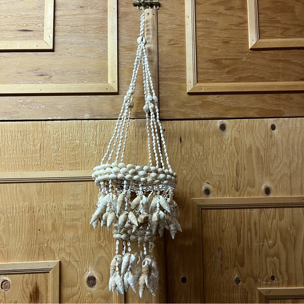 Vintage Seashell Macrame Plant Hanger Art White Cream Boho Beach